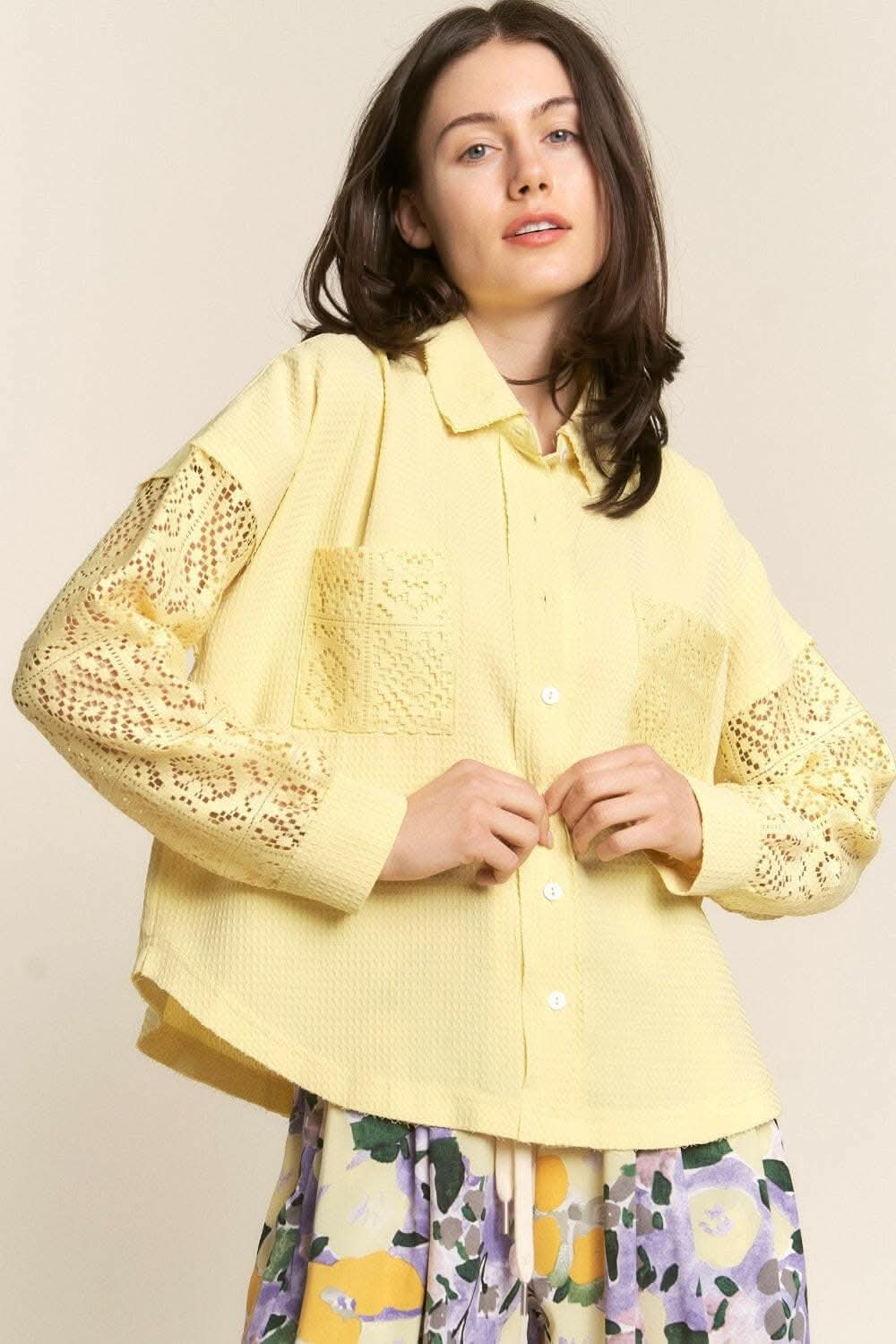 J.NNA Button Down Lace Long Sleeve Waffle Shirt - Love Salve